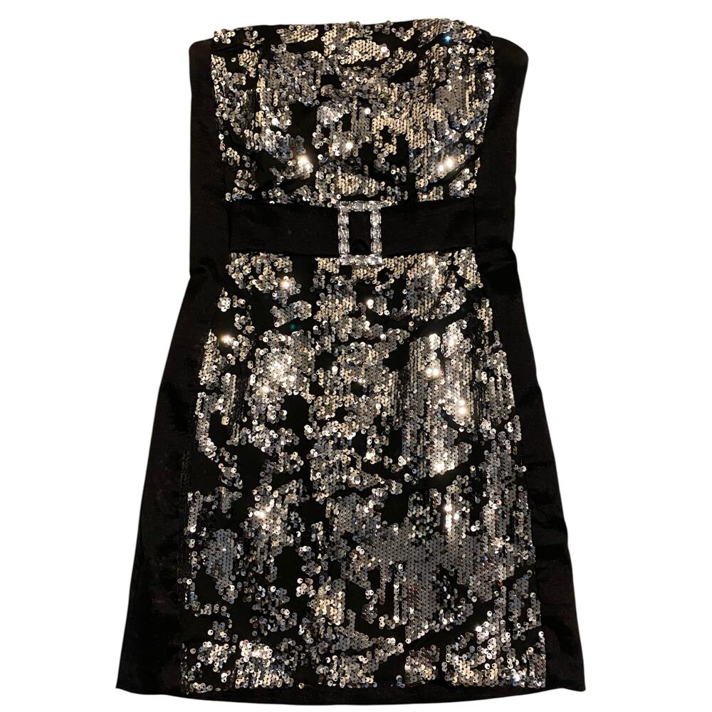 Cache Sequin Strapless Mini Dress US 4 Black Silver Bodycon Cocktail Party Y2K - Picture 3 of 9